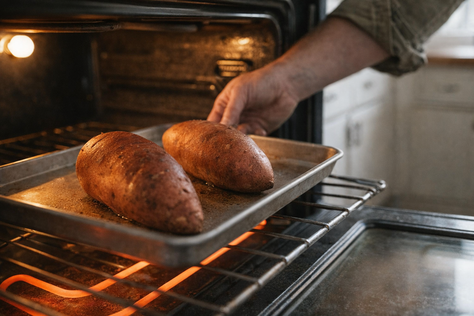 A baking sheet with two sweet potatoes in the oven, visible heating element glowing, side-angle shot